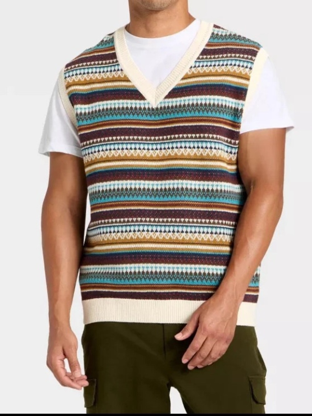 Goodfellow & Co Men's Fair Isle Striped V-Neck Sweater Vest, XXL